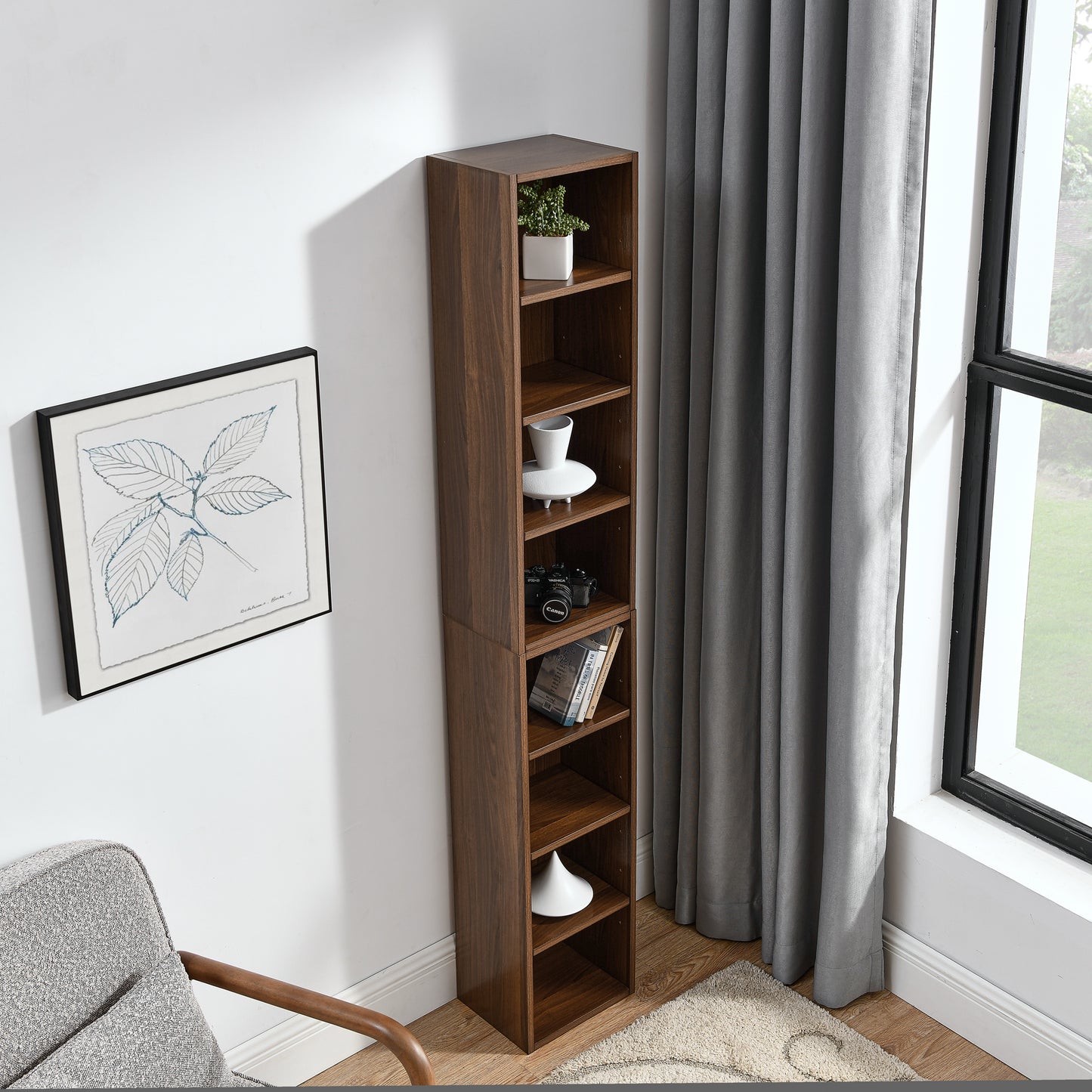 8-Tier Media Tower Rack, CD DVD Slim Storage Cabinet With Adjustable Shelves, Tall Narrow Bookcase Display Bookshelf For Home Office,Multi-functional Double-decker Bookcase