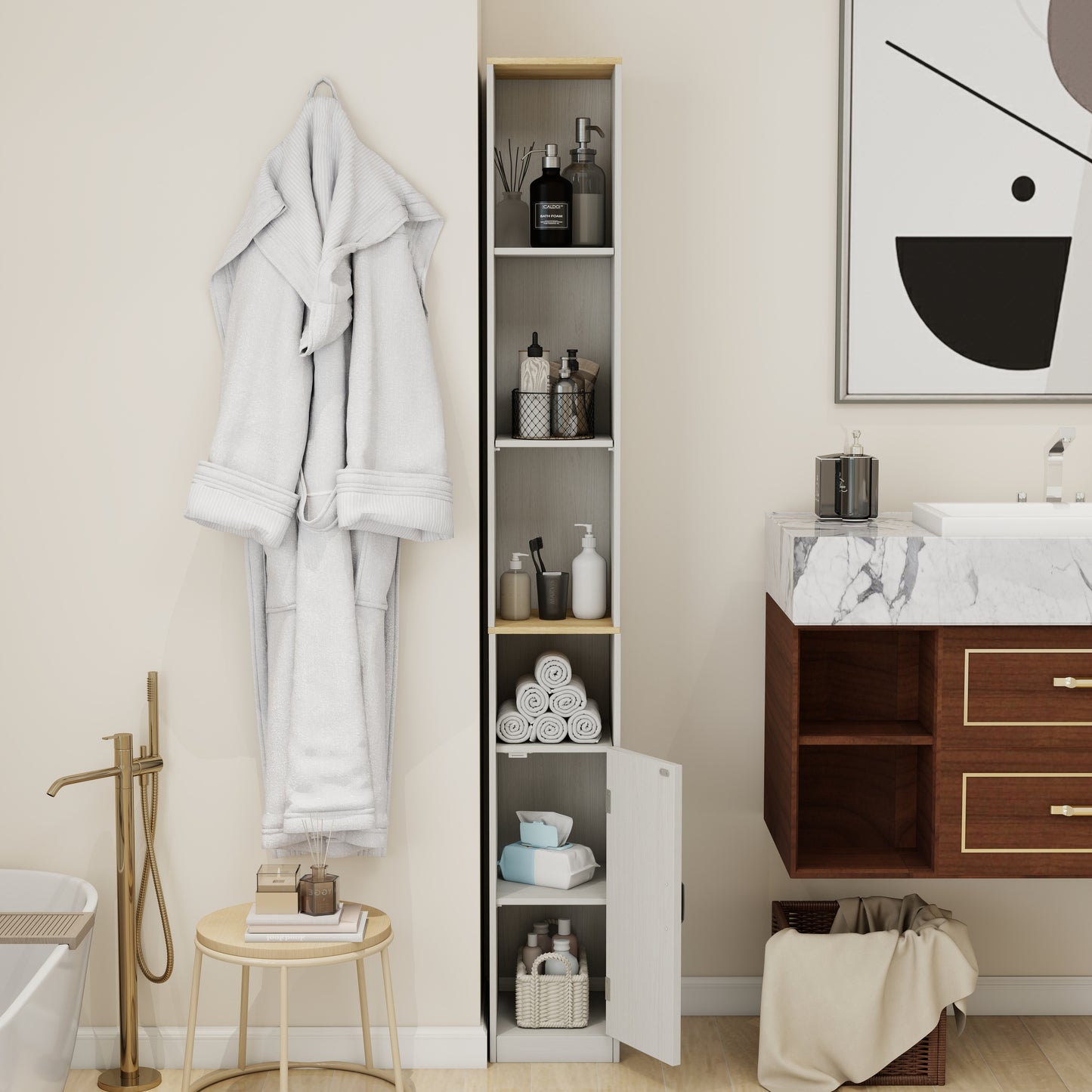 72 Tall Slim Storage Cabinet, 6-Tier Narrow Freestanding Bathroom Cabinet With 1 Door And 2 Adjustable Shelves, Bookcase Display Storage Shelves, Cube CD DVD Storage Cabinet-Antique White