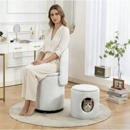 Stylish Upholstered Barrel Chair 360 Swivel Vanity Stool For Bedroom & Dining Chair, Built-in Storage, Soft Padded Accent Seat, Multi-Functional For Dressing Dining, Free Cat Bed Stool Included,