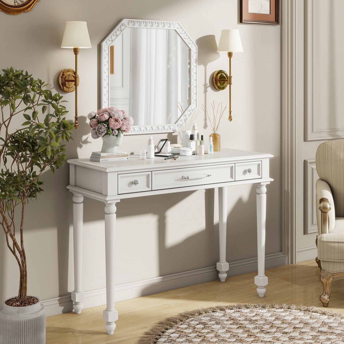 Retro Makeup Desk With Large Mirror, 3-Drawer Dressing Table For Jewelry Storage, Elegant Console Table For Bedroom, Living Room, Hallway & Foyer,White