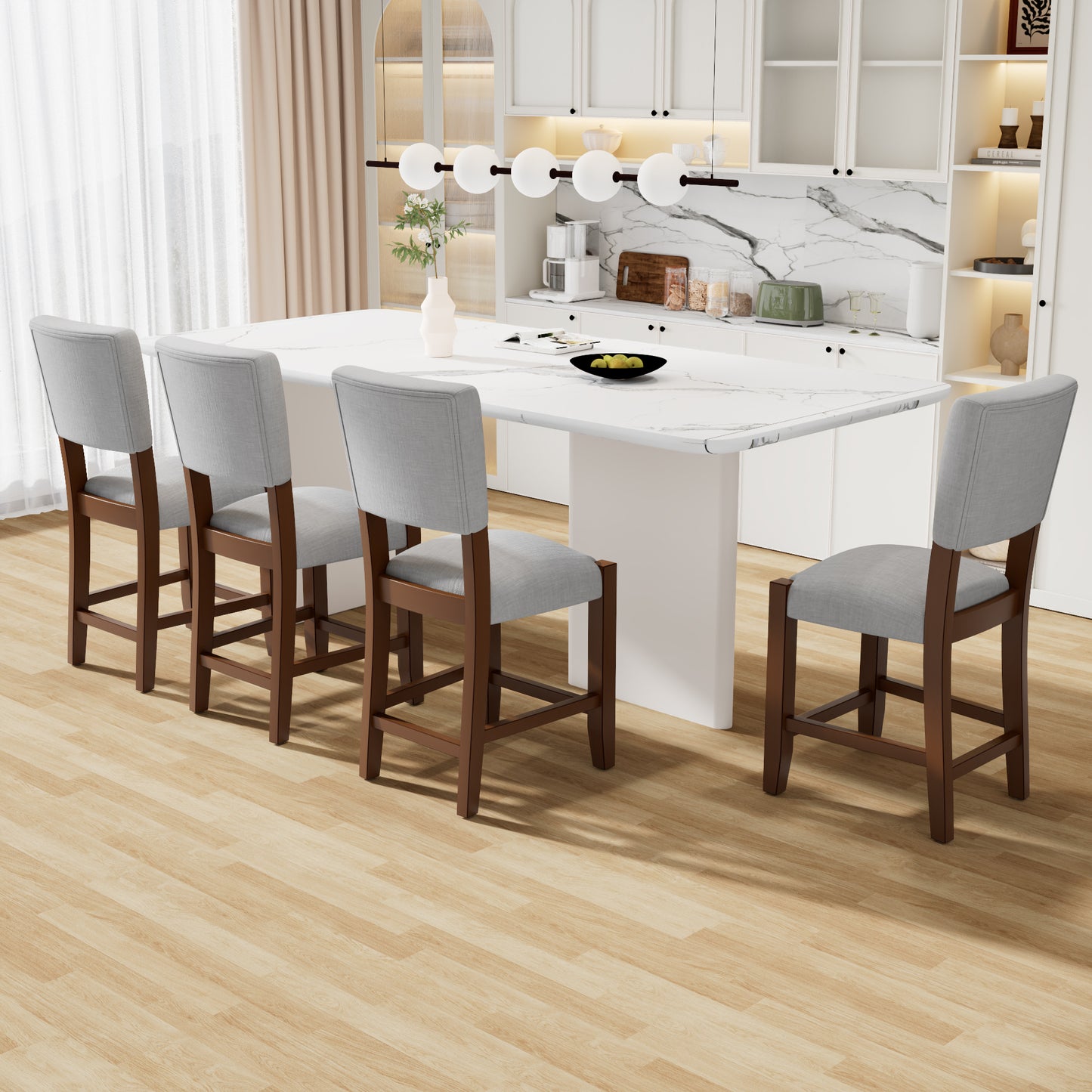 Mid Century Modern Bar Stools Set Of 4, 40.4  Counter Stools With Back, Linen Upholstered Barstools With Solid Wood Legs Bar Chairs For Kitchen Island Dining Room, Grey  4-Piece Chairs