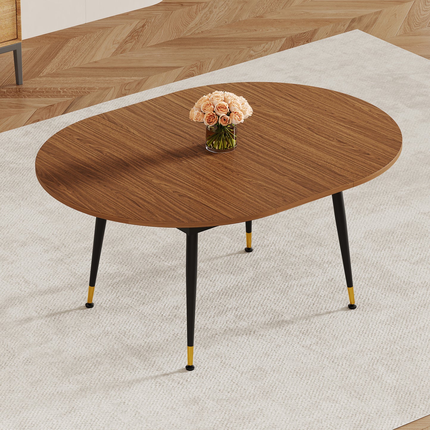 Walnut Oval Extendable Dining Table, MDF Top Modern Expandable Kitchen Table With Sturdy Metal Legs For Dining Room, Seats 6-10 People