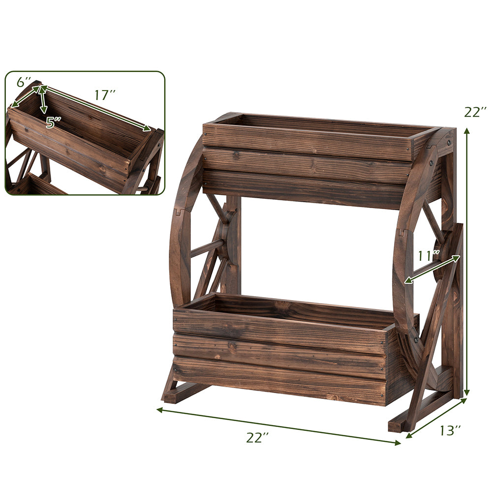 2-tier Raised Garden Bed Rustic Wood Wagon Planter With Drainage Holes And Semi-wheels For Growing Flowers Or Displaying Potted