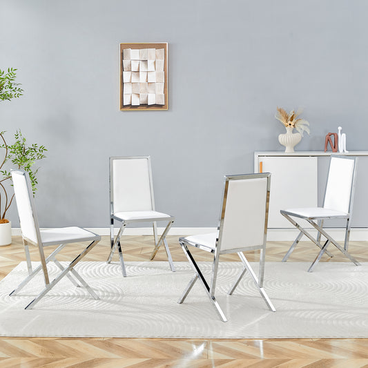 4-pack Silver Metal Framed White PU Dining Chairs Ergonomic Design, A Simple And Luxurious Choice.Featuring Uniquely Designed Silver Metal Legs.