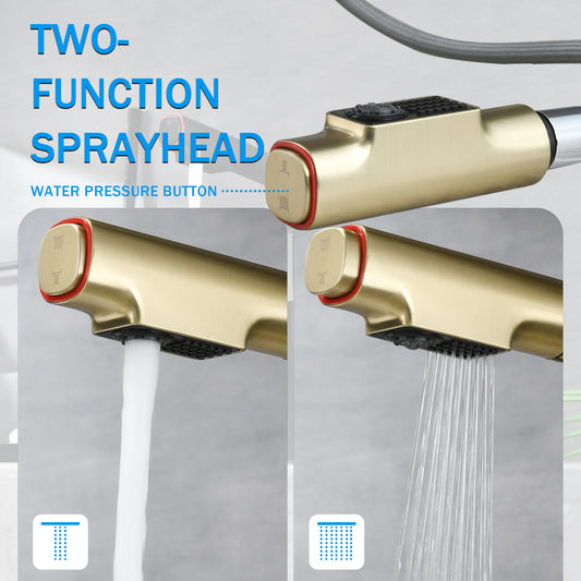 Brushed Gold Pull-Down Vessel Faucet - Single Hole Bathroom Sink Faucet With Lift Spout & Dual Spray Modes