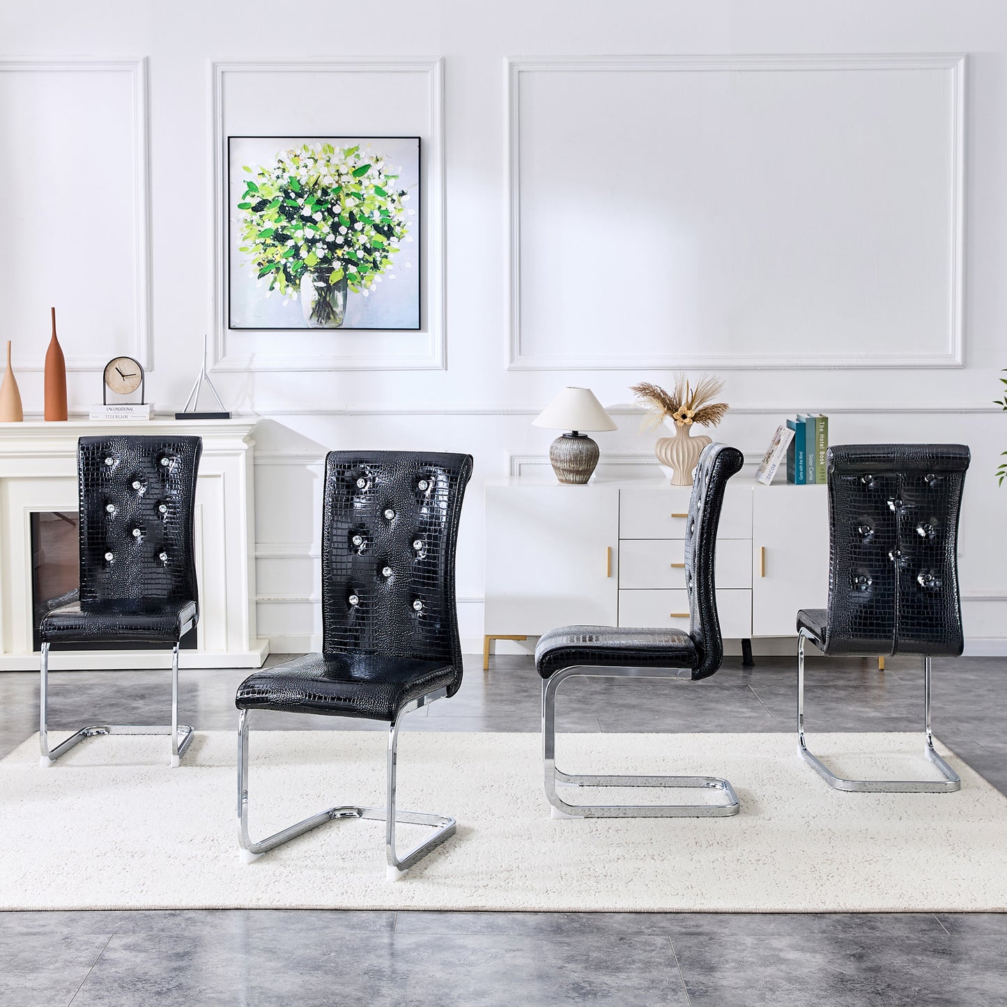 Set Of 4,Retro Alligator Skin Upholstered Dining Chairs,with Crystal Buckle Design And Faux Leather Design,a Touch Of Elegance And Mystery To The Dining Area,Electroplated Metal Bow Leg
