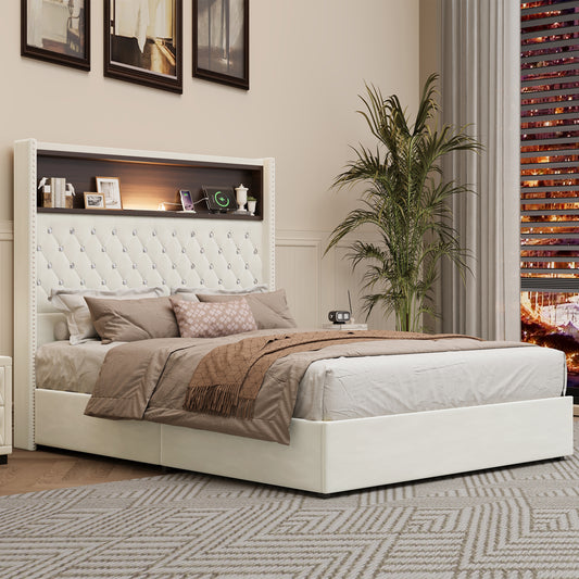 Full Size Velvet Tufted Soft Bed Frame With USB Port And Night Light,52High Headboard With Rivet Decoration,Wing-back Platform Bed With Headboard Shelf,Beige