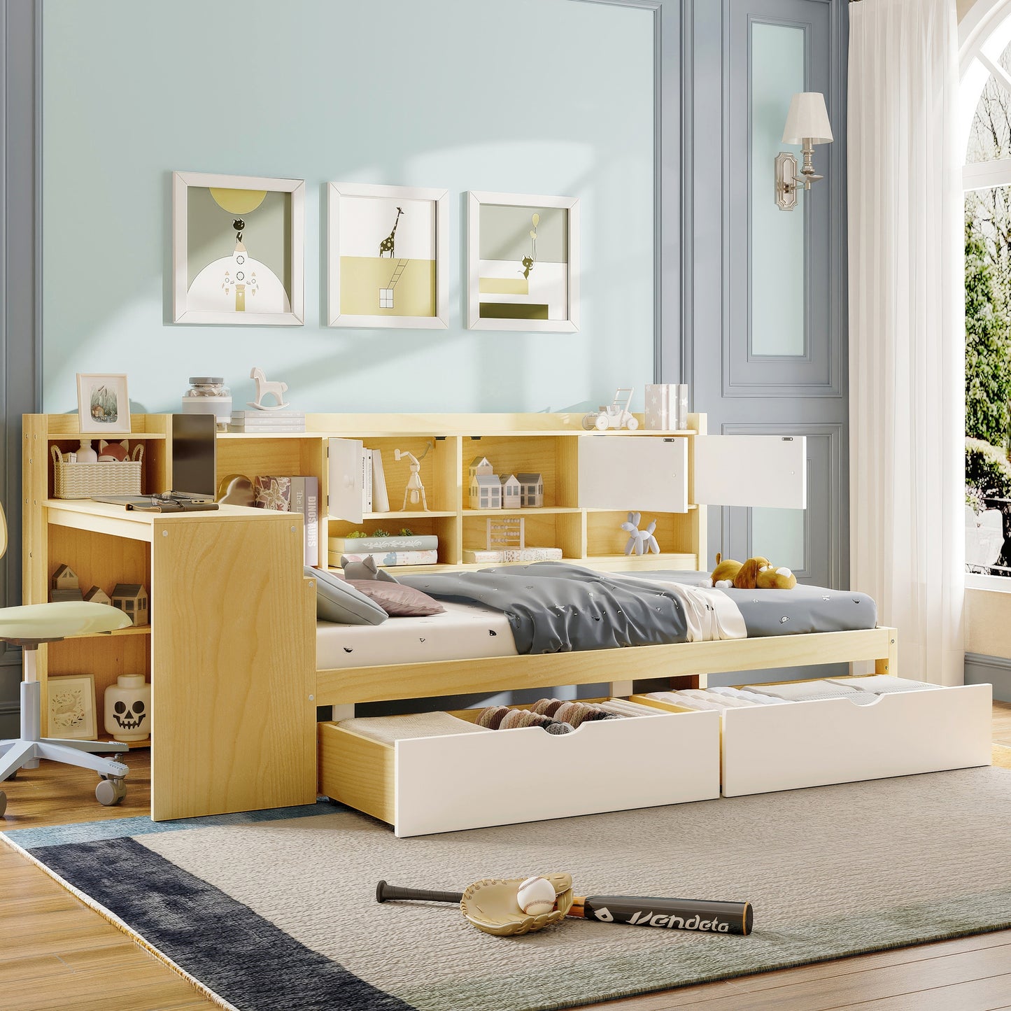 Wooden L-Shape Daybed With Seven Storage Cabinets And Two Storage Drawers, Multi-functional Bed With Study Desk And Built-in Bookshelf, Natural White