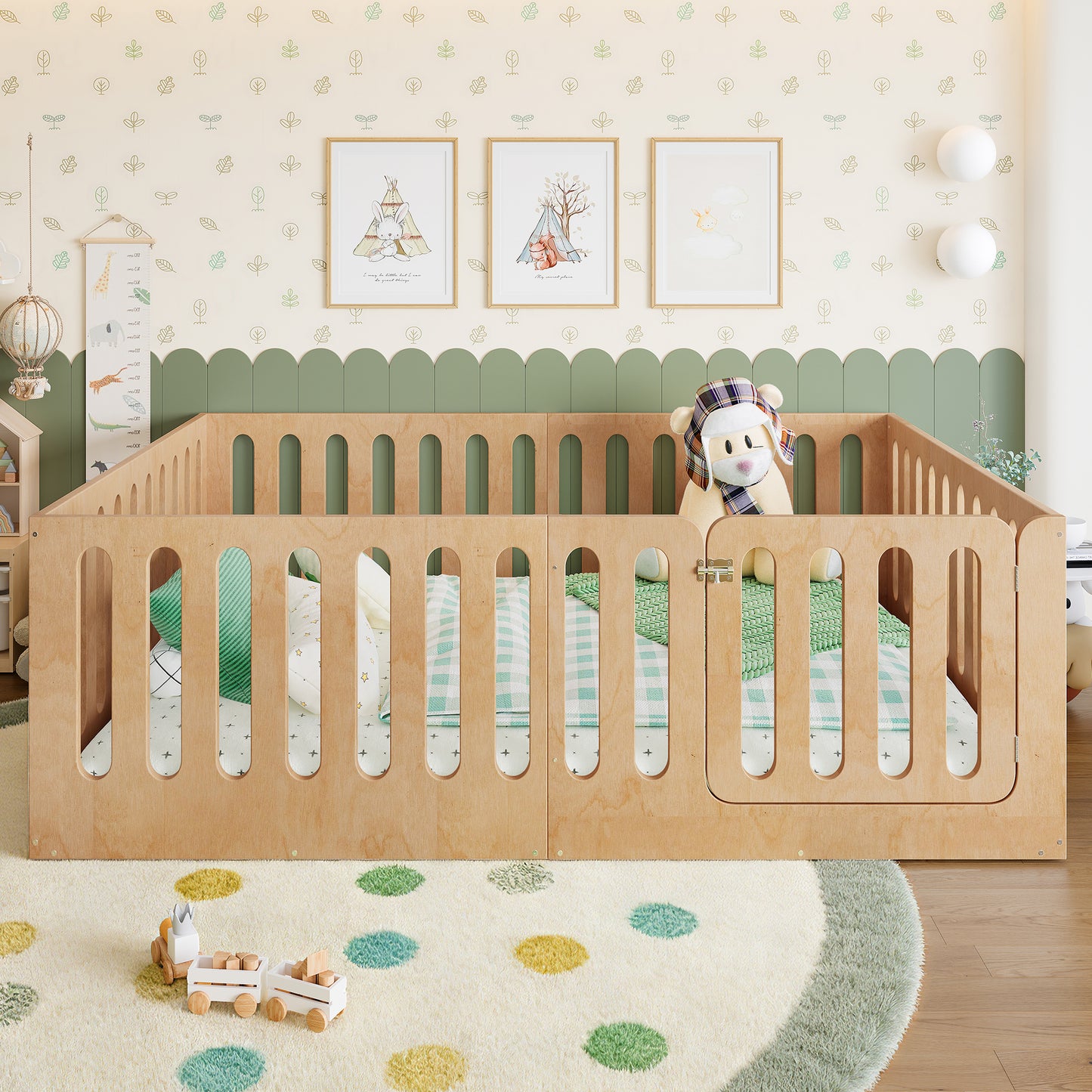 Full Size Floor Bed With High Fence For Kids, Solid Wood Kids Montessori Bed With Door, Low-profile And No Box Spring Needed Design, Natural.Patent Protection