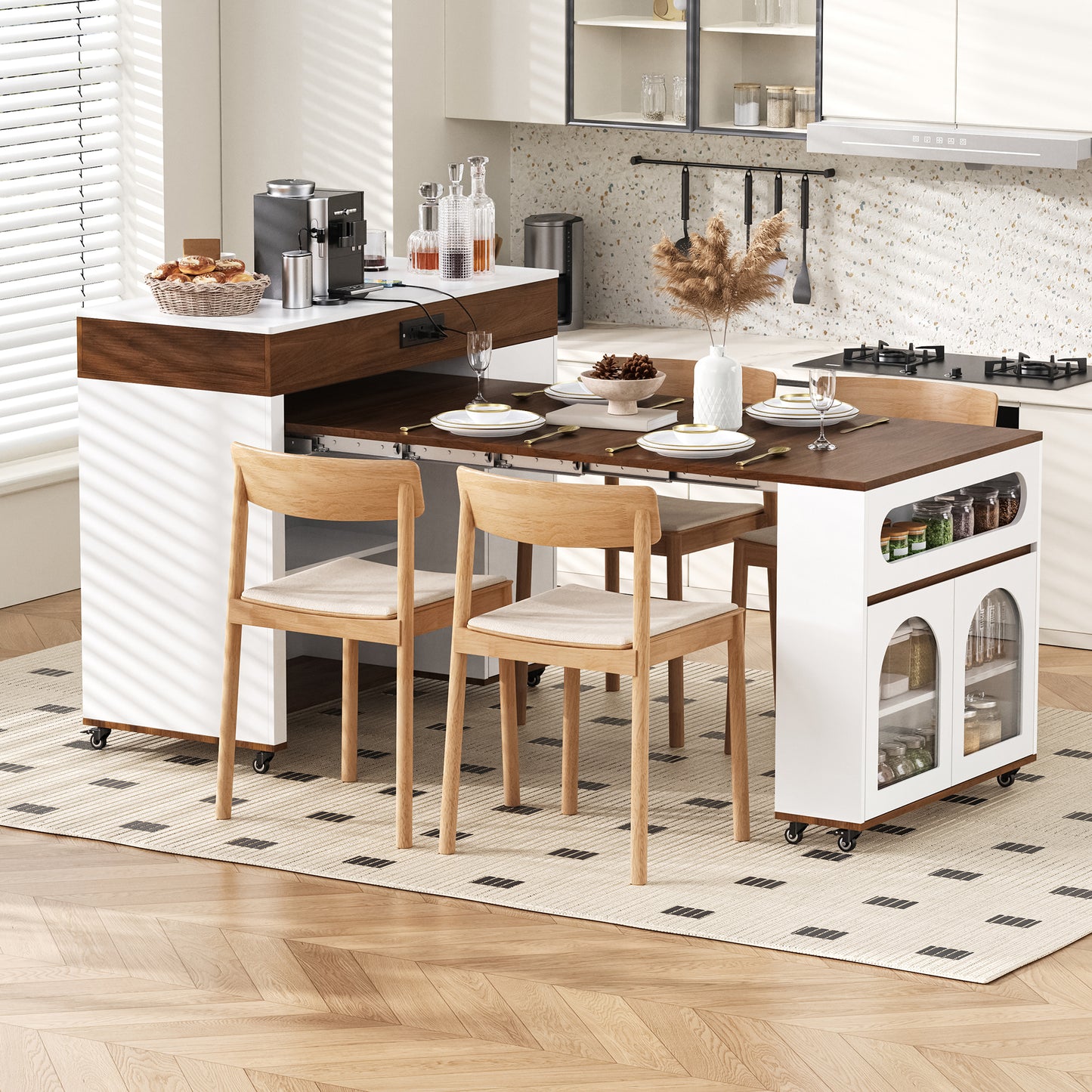 TREXM Extendable Dining Table With Extra-Long Folding Top  Rolling Kitchen Island With Drawers  Power Outlet And Brake Lock  Storage Cabinet For Kitchen And Dining Room  Walnut   Creamy White