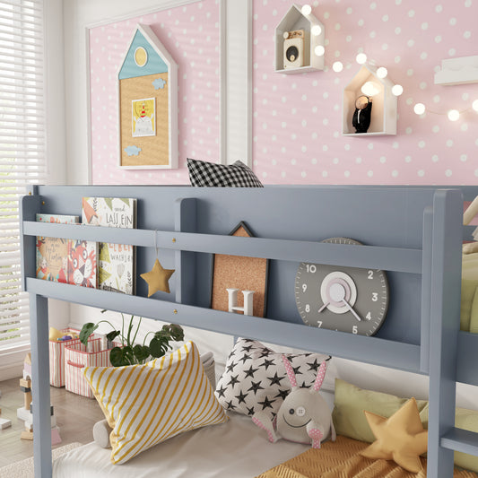 Low Twin Over Twin Bunk Bed, Floor Bunk Bed With Ladder, Solid Wood Twin Bunk Bed For Kids & Juniors, GreyExpect Arrival Date 2025 11 25