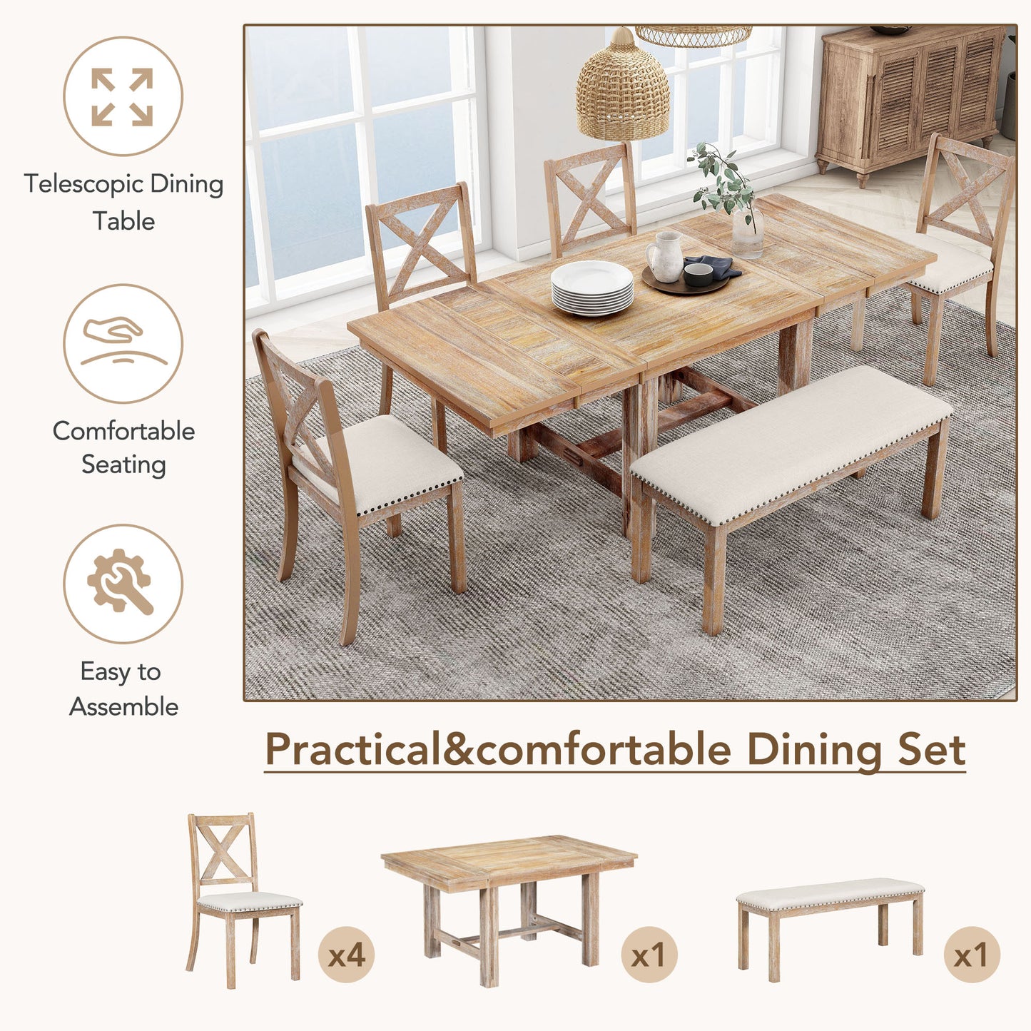 TOPMAx Farmhouse 82inch 6- Piece Extendable Dining Table With Footrest  4 Upholstered Dining Chairs And Dining Bench  Two 11 Removable Leaf  Natural Beige Cushion