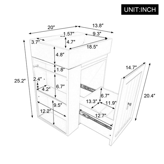 20-Inch Bathroom Vanity With Ceramic Sink, MDF Storage Cabinet With Drawer, Side Shelf & Golden Handle -Space-Saving Modern Vanity For Small Bathrooms