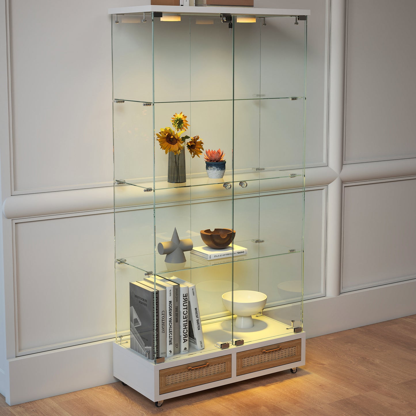 Modern Glass Display Cabinet With Large Drawers,Quick-assembly Antique Cabinet With LED Lights,empered Glass Bookshelf,2-Door Storage Case With 4 Shelves For Living Room And Bedroom,white And Natural