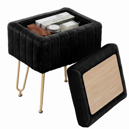 A Luxurious Seating Chair With Storage Function, A Small Oval Leather Imitation-fur Soft Cushioned Footstool, Equipped With 4 Metal Legs