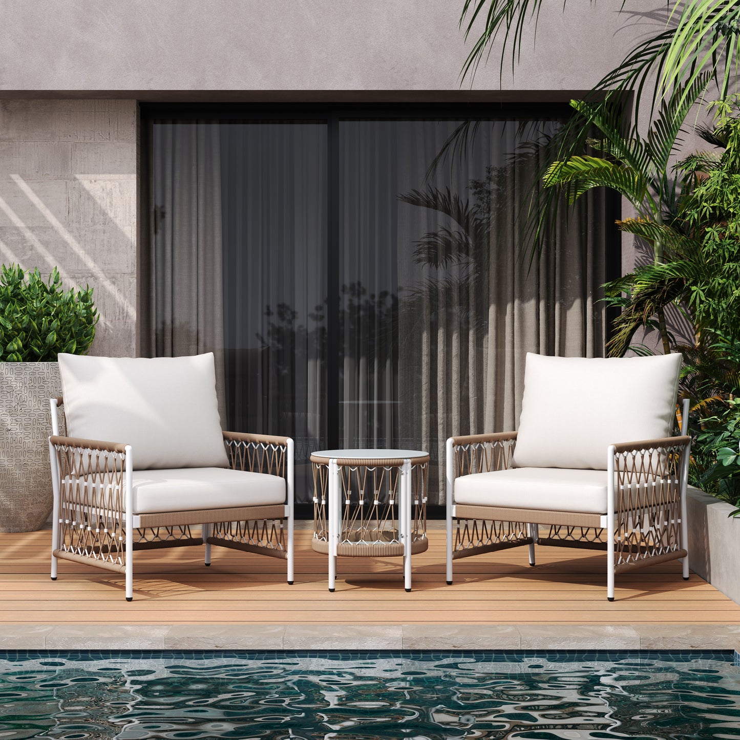 3-Piece Bohemian Outdoor Furniture Set With 2 Lounge Chairs & Glass Top Side Table - Handwoven Rope & Powder-Coated Steel Frame - Waterproof Cushions Patio Conversation Set For Garden, Poolside