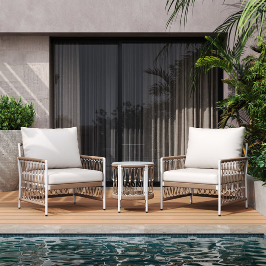 3-Piece Bohemian Outdoor Furniture Set With 2 Lounge Chairs & Glass Top Side Table - Handwoven Rope & Powder-Coated Steel Frame - Waterproof Cushions Patio Conversation Set For Garden, Poolside