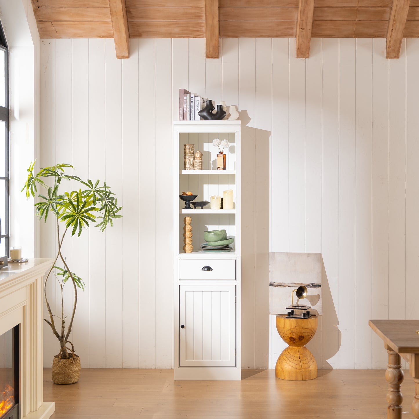75  Freestanding Display Bookshelf, Farmhouse Bookcase With Storage & Cabinet, Small Size Wooden Organizer Pantry, For Hallways Living Room, Kitchen, Home, Office - White