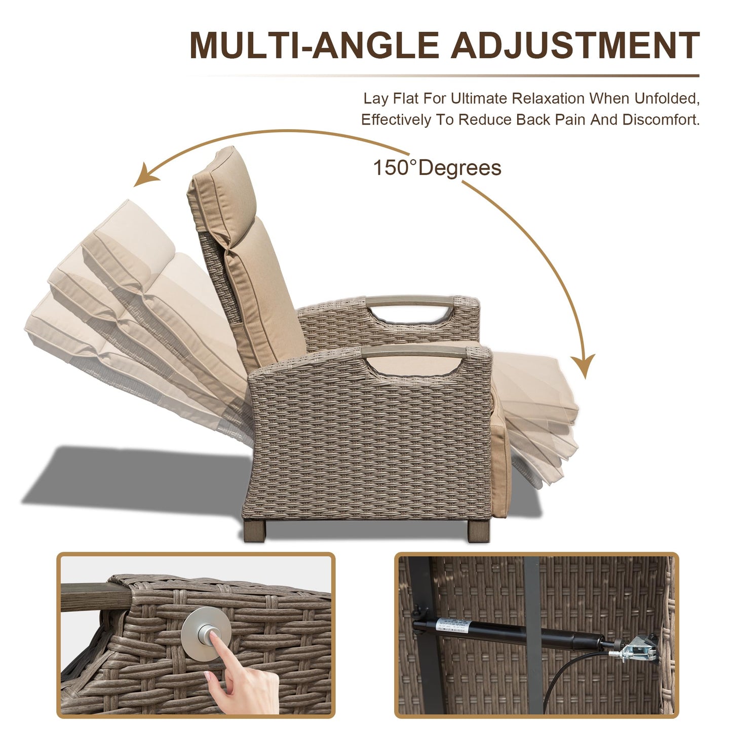 Outdoor Recliner Chair, Patio Recliner With Hand-Woven Wicker, Flip Table Push Back, Adjustable Angle, Thickness Cushions, Reclining Lounge Chair For Indoor And Outdoor, Beige