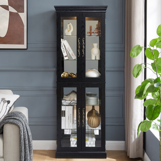 Elegant Lighted Glass Curio Display Cabinet - Wooden Frame Storage For Living Room, Kitchen & Pantry - Includes Light Bulb - Ideal For Wine, Toys & Collectibles - Black