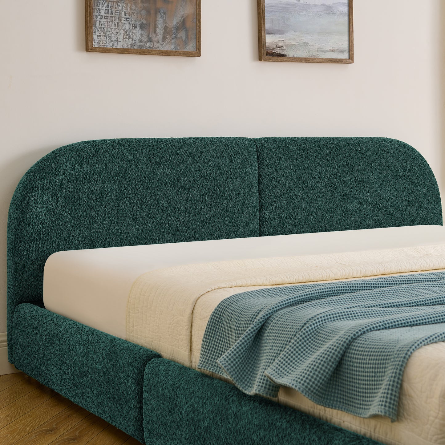 King Size Upholstered Bed Frame Modern Minimalist Style - Circle Yarn Fabric, Tall Curved Headboard, Sturdy Leg Support & Wheeled Drawer Storage, Mattress Not Included - Green