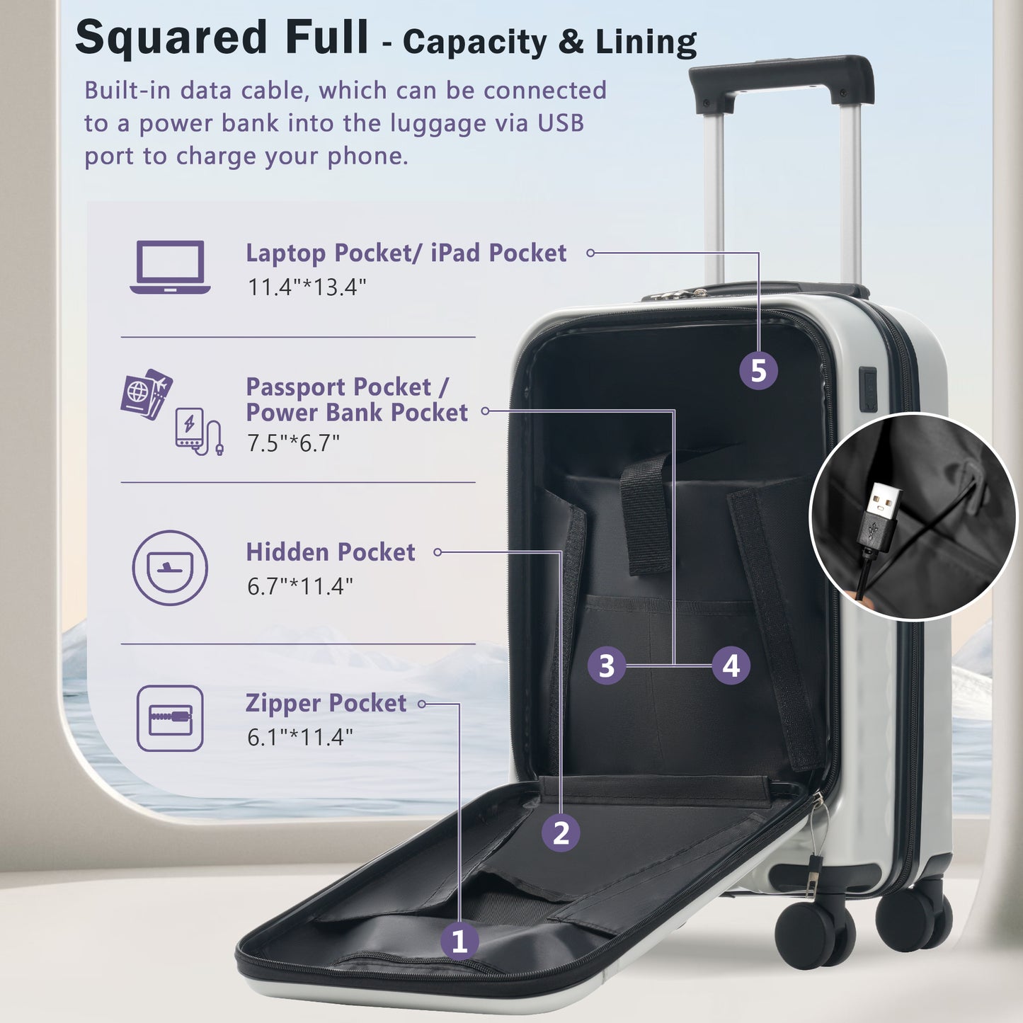 Front Opening Luggage Set 3 Piece, Hardside Carry On Suitcase With USB Port, Expandable Luggage With Handle Bag Spinner Wheels TSA Lock