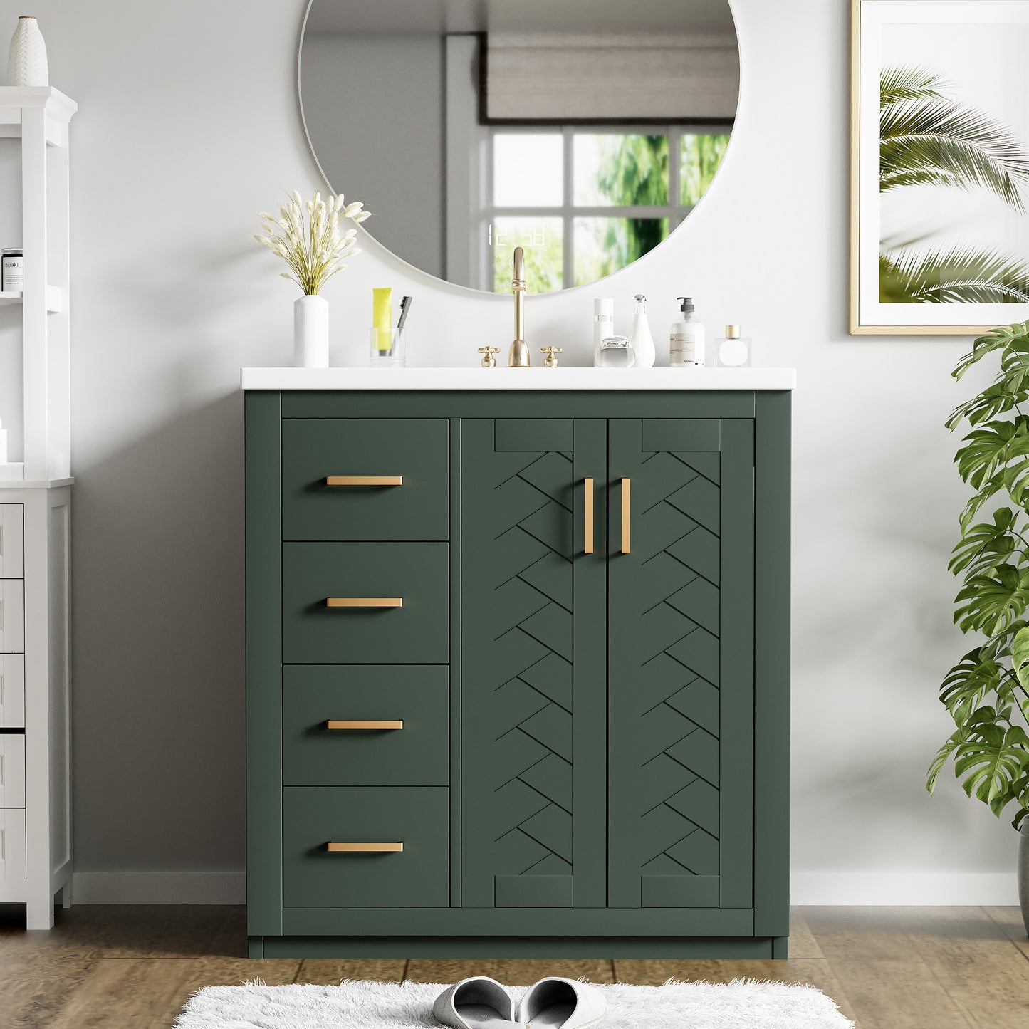 30'' Bathroom Vanity With Ceramic Sink Combo,Solid Wood Frame Bathroom Storage Cabinet, Freestanding Vanity Set With 3 Drawers& Soft Closing Doors