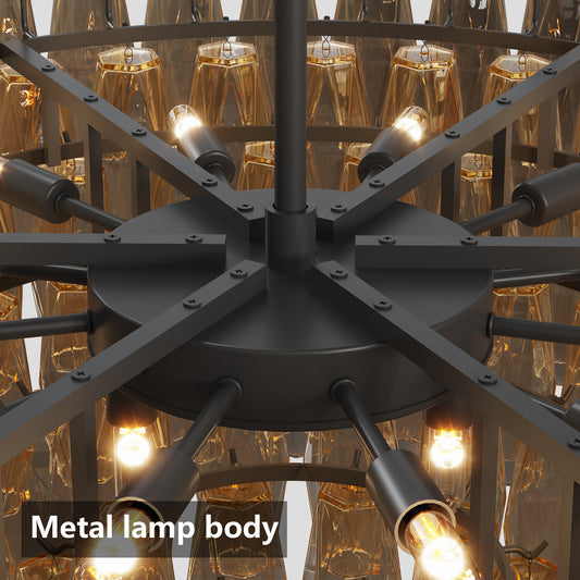 Modern Round Chandelier, 37 Extra Large Black Chandeliers For Dining Room, 14-Light With Tiered Smoke Glass Tubes Ceiling Light, Pendant Lighting Fixture For Living Room Bedroom Kitchen Island