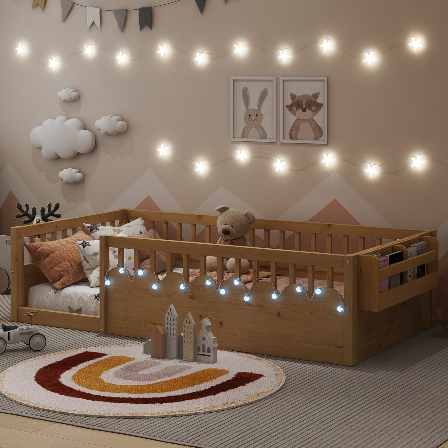 Twin Montessori Floor Bed Frame With High Rails, Wood Kids Floor Beds With Light And Storage Shelf, Natural Expect Arrival Date 2025 8 15