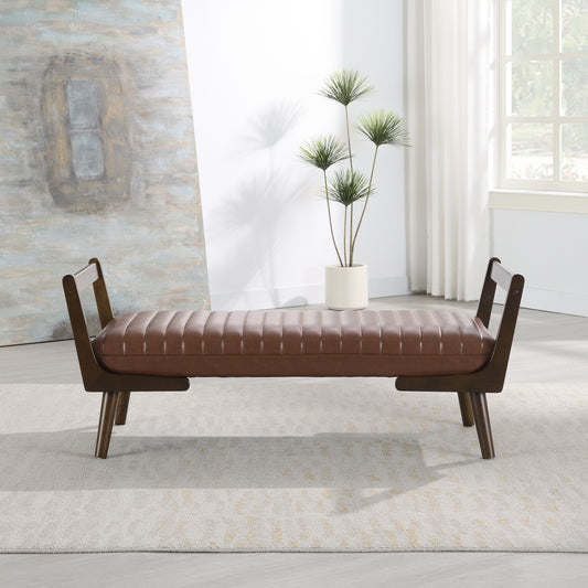 52  Mid Century Bench With Walnut Wood Leg,Channeled Upholstered Footrest Stool For Kitchen, Living Room, Bedroom, Entryway, End Of Bed. PU Cognac, Light Brown