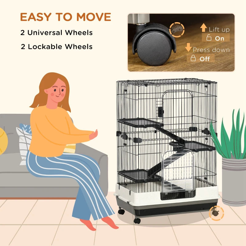 4-Level Small Animal Cage Rabbit Hutch With Universal Lockable Wheels, Slide-out Tray For Bunny, Chinchillas, Ferret, Black