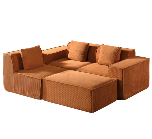 CozyForm Convertible Corduroy Sectional Couch With Ottoman & Pillows, Modular L Shaped Sleeper Sofa, Boneless Cloud Couch For Living Room Furniture, Red Orange