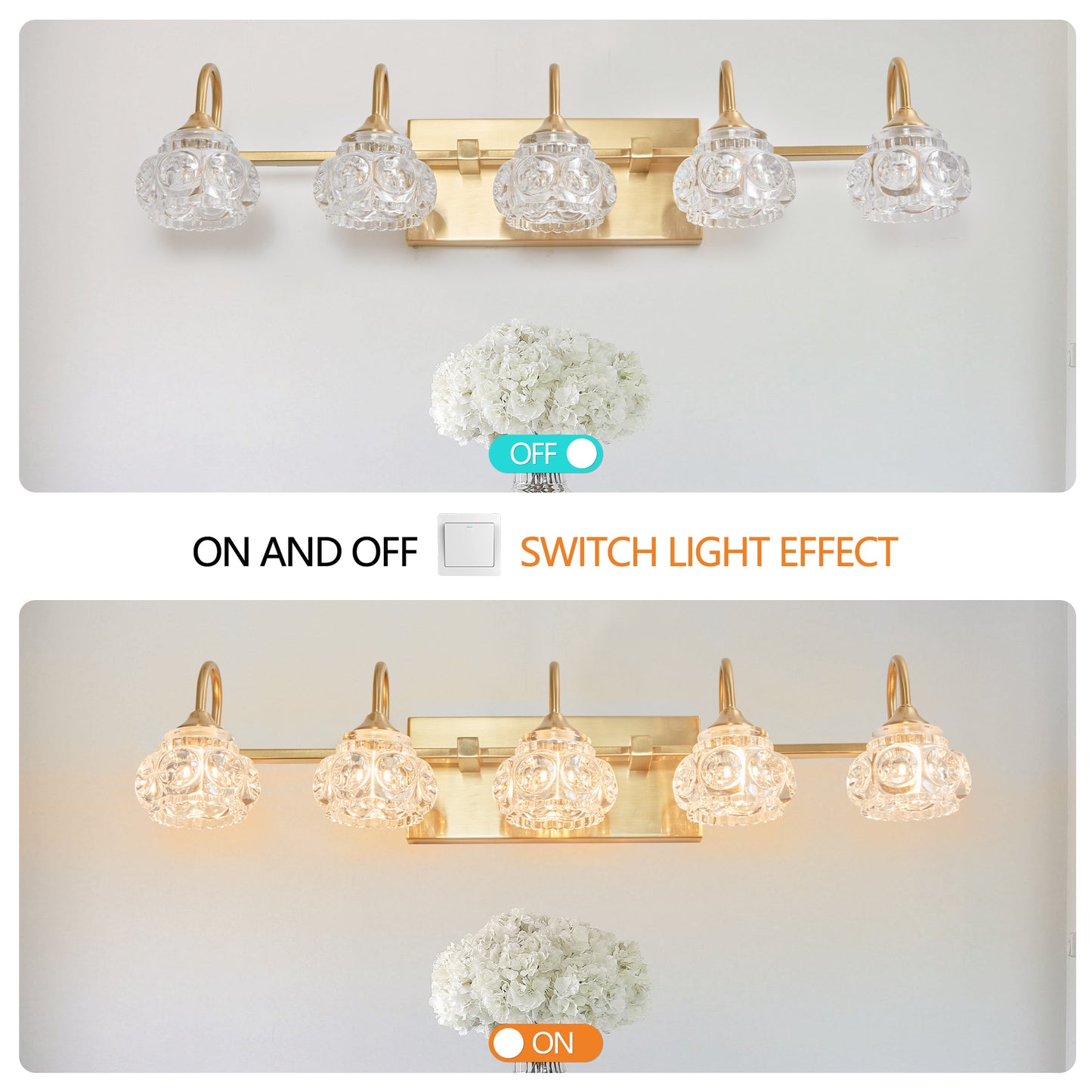 29 Modern Crystal Bathroom Vanity Light, 5-Light Golden Wall Sconce With Clear Glass Shade, Elegant Wall Mount Lighting For Bathroom, Powder Room, Or Vanity Mirror  No Bulbs