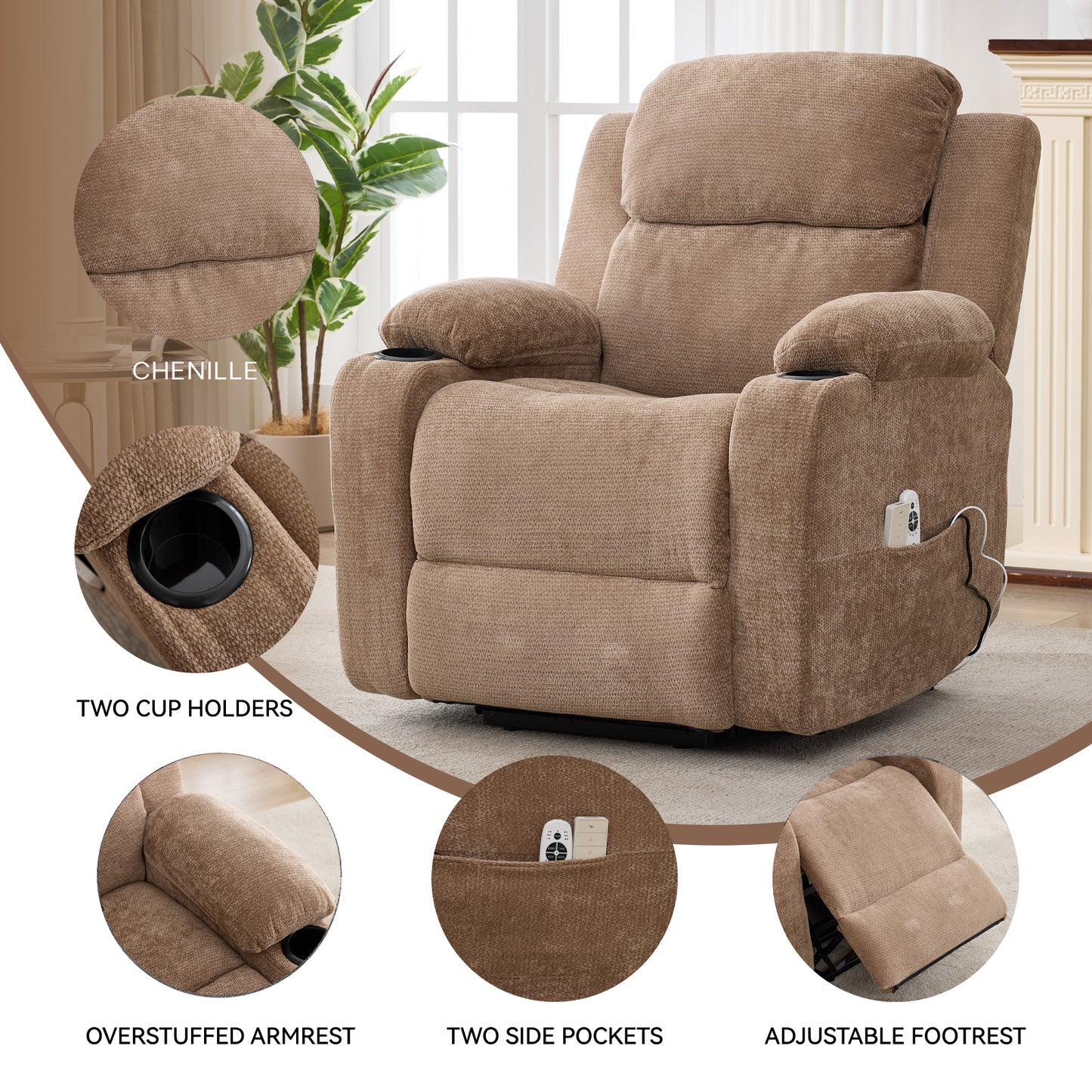 Up To 350 LBS Chenille Power Lift Recliner Chair, Heavy Duty Motion Mechanism With 8-Point Vibration Massage And Lumbar Heating, Stainless Steel Cup Holders, Brown