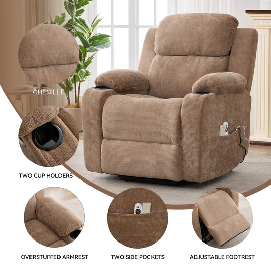 Up To 350 LBS Chenille Power Lift Recliner Chair, Heavy Duty Motion Mechanism With 8-Point Vibration Massage And Lumbar Heating, Stainless Steel Cup Holders, Brown
