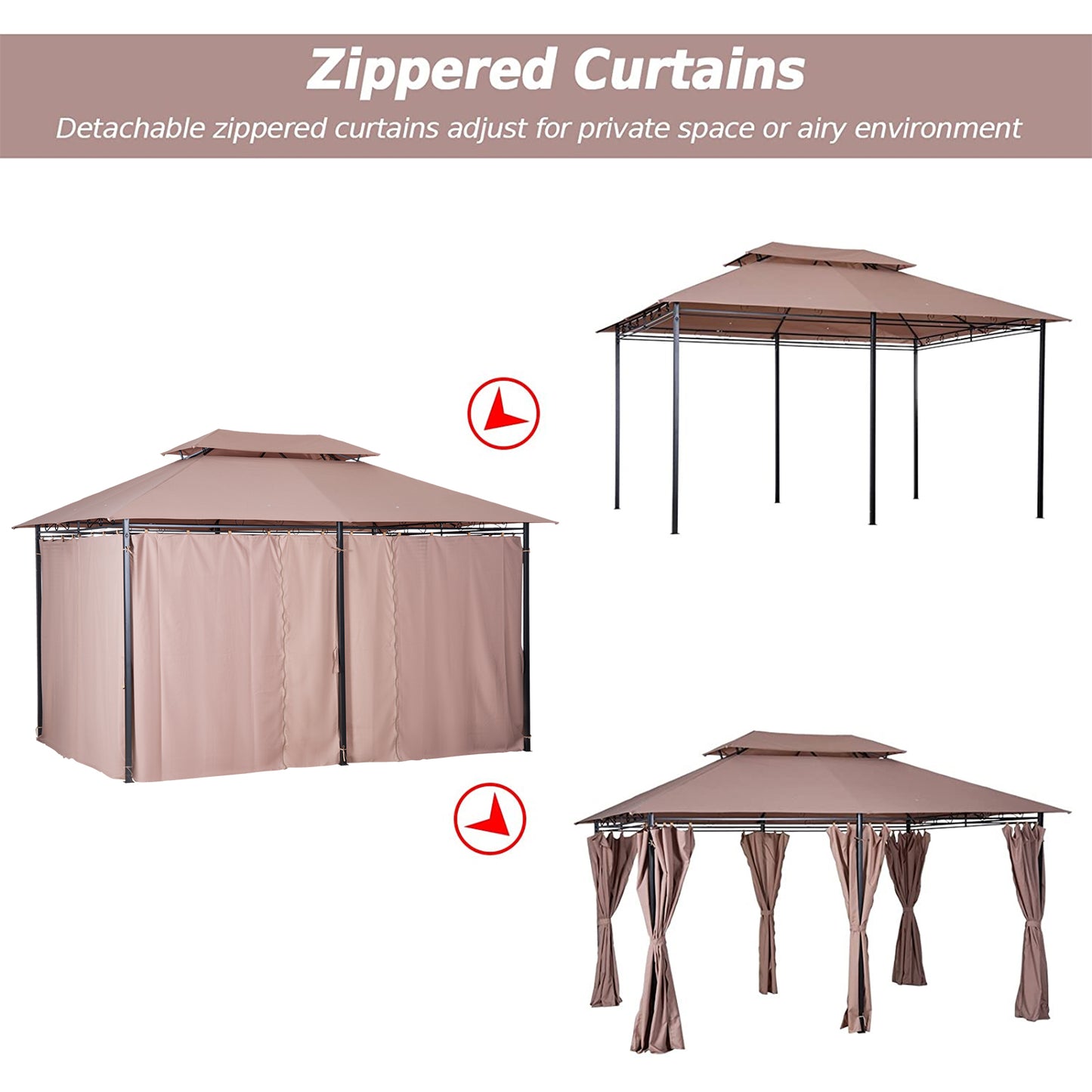 10' x 13' Patio Gazebo, Outdoor Gazebo Canopy Shelter with Curtains, Vented Roof, Steel Frame for Garden, Lawn, Backyard and Deck, Khaki