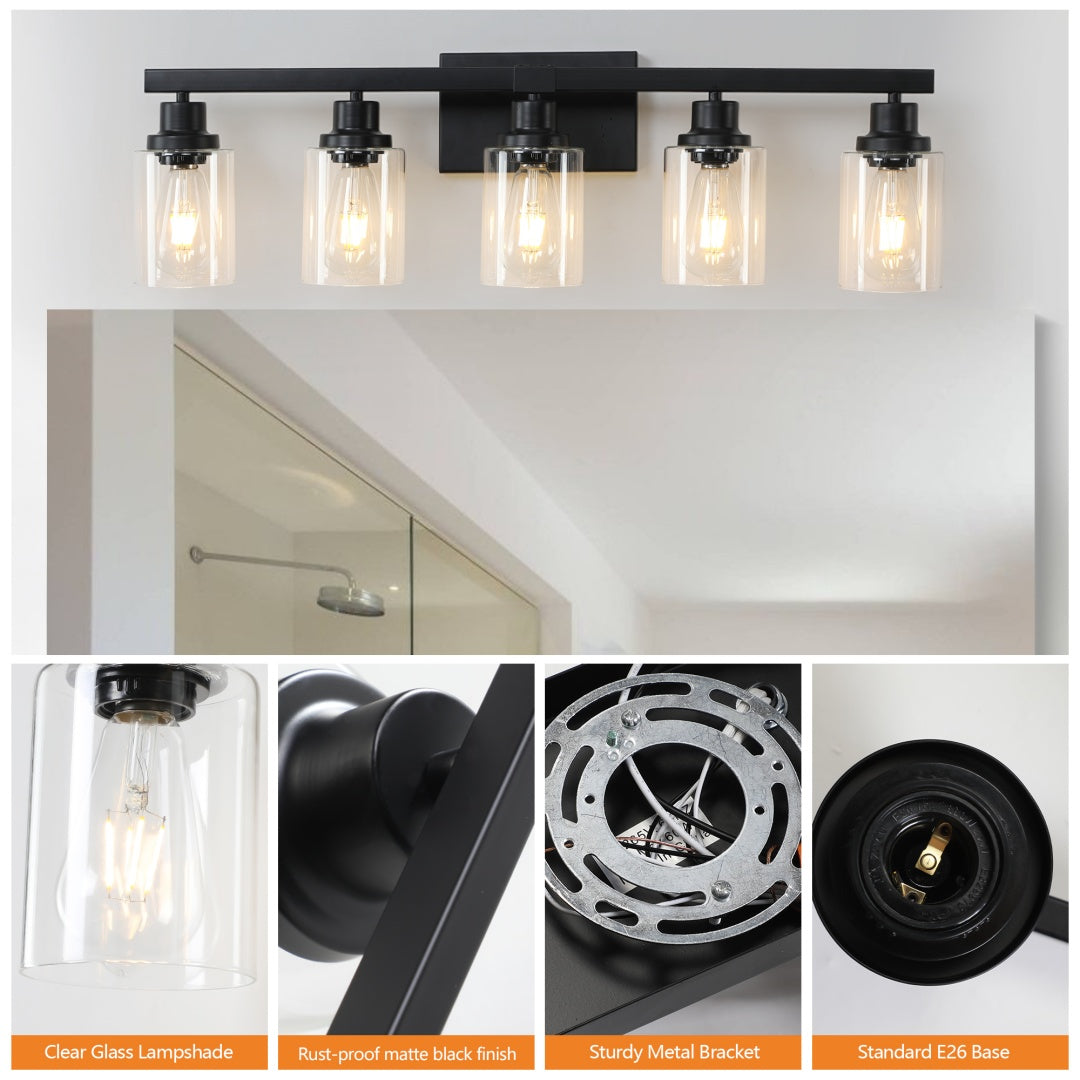 31  Modern Black 5-Light Bathroom Vanity Light Fixture, Industrial Wall Sconce With Clear Glass Shades For Mirror, Bathroom, Bedroom, And Hallway --No Bulbs