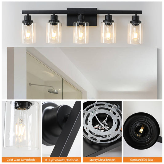 31  Modern Black 5-Light Bathroom Vanity Light Fixture, Industrial Wall Sconce With Clear Glass Shades For Mirror, Bathroom, Bedroom, And Hallway --No Bulbs
