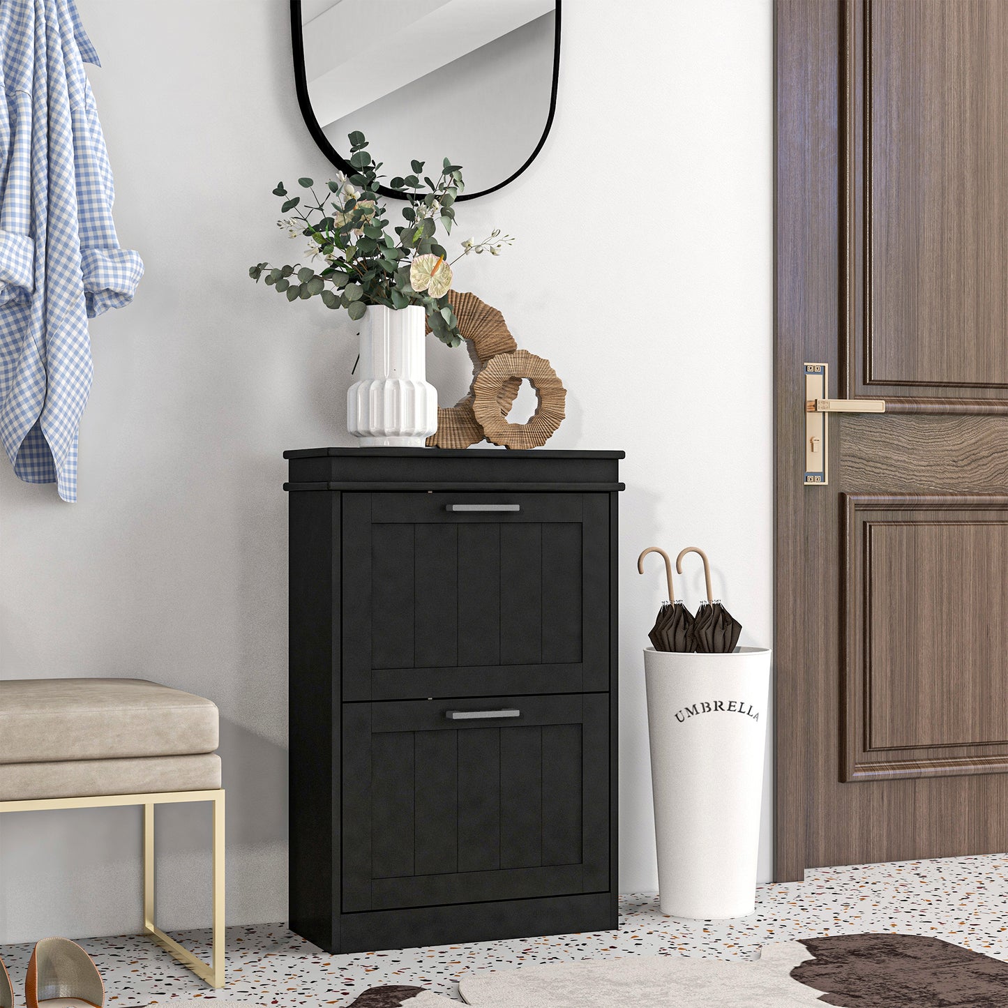 Modern Shoe Storage Cabinet With 2 Flip Drawers For 10 Pairs, Narrow Shoe Organizer For Entryway, Hallway, Black