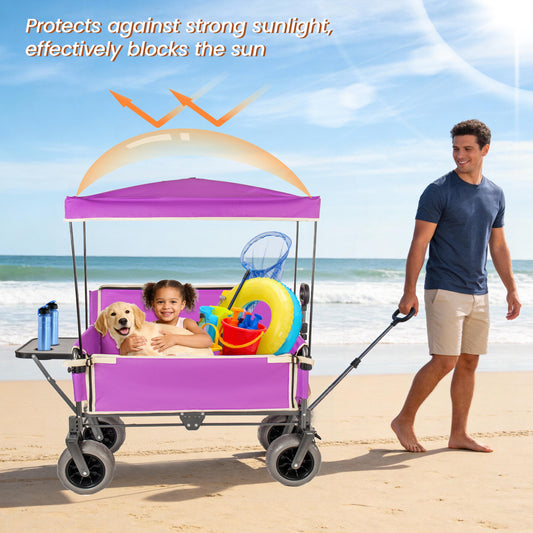 3- In- 1 Collapsible Wagon Converts To Bench Convertible Folding Wagon Cart With Canopy &Rear- Mounted Folding Tabletop  500lbs Heavy- Duty  180L Capacity For Camping  Beach  Garden  Fishing- Purple