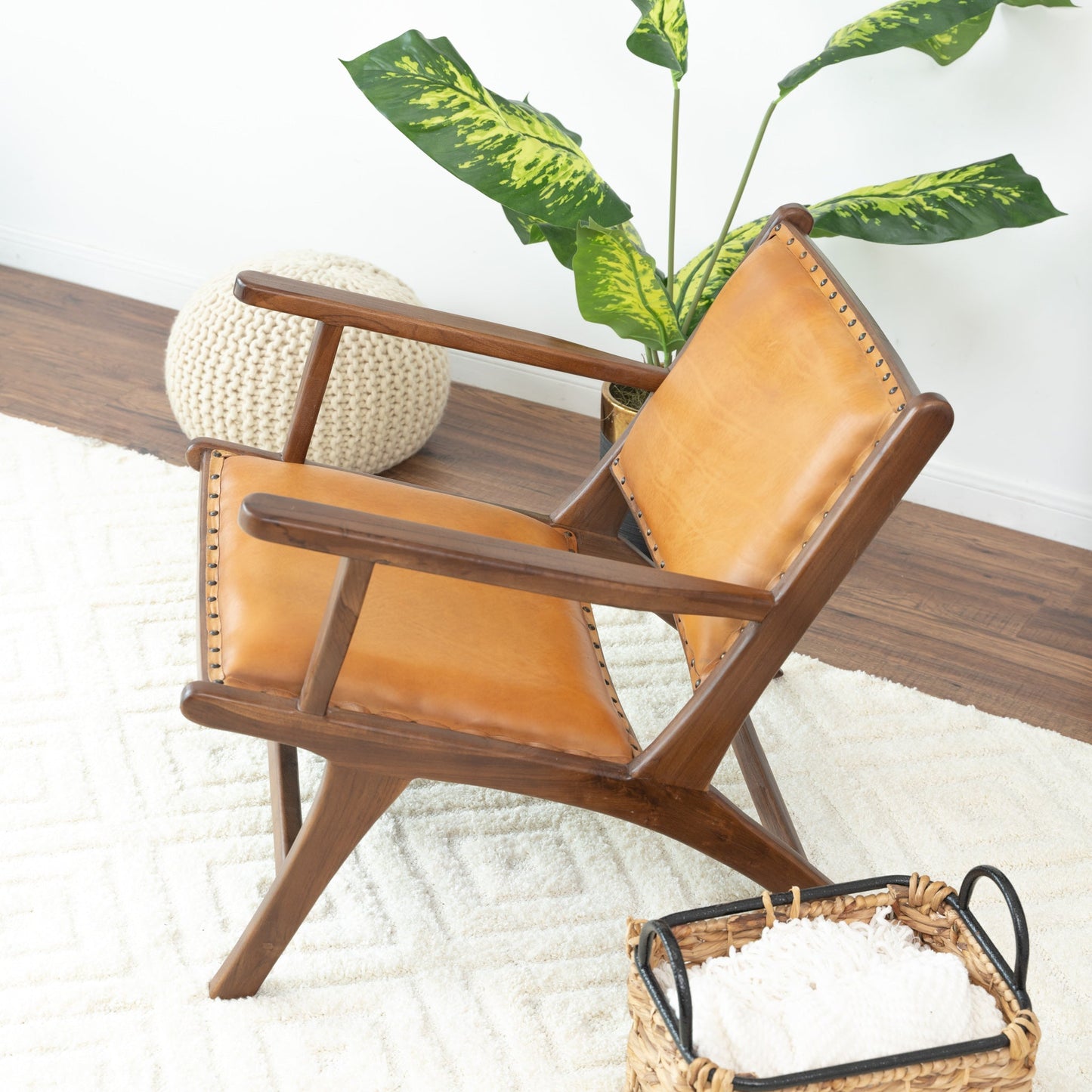 Daniel Mid-Century Modern Leather Arm Chair With Walnut-Finished Legs, Tan, Genuine Leather, 25  H X 26  W X 28  D For Living Room Bedroom Waiting Room