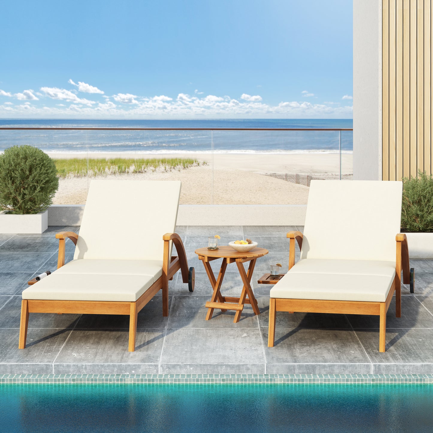 CHAISE LOUNGE WITH WHEEL - ACACIA WOOD RECLINER FOR PATIO GARDEN, WITH 2INCH WHITE CUSHION, 4-POSITION ADJUSTABLE BACKREST, VERSATILE OUTDOOR FURNITURE