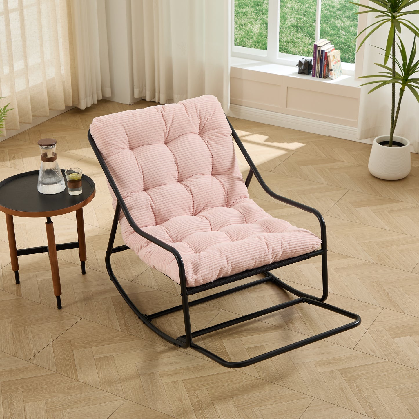 Outdoor Rocking Chair, Comfy Cushion With Soft Thick Cushion,for Living Room, Bedroom, Reading Room, Black Frame With Cushion
