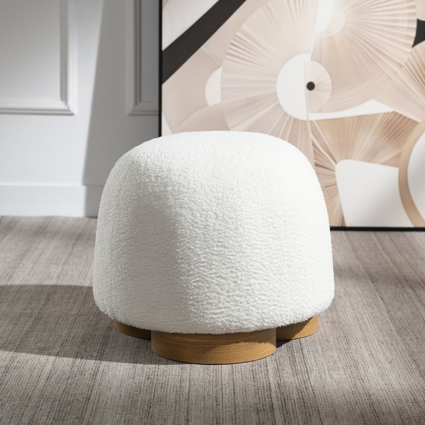 Fully Assembled Round Soft Teddy Fabric Upholstered Ottoman, Footstool With Soft Padded Seat, Fully Assembled Modern Sofa Couch Footrest, Extra Seating For Bedroom Entryway, White