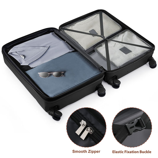 Luggage Sets 4 Piece,  ABS Durable Suitcase With Travel Bag,  Cup Holder, ABS Hard Shell Luggage With Spinner Wheels, Black And Brown
