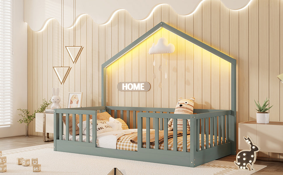 Twin Floor Bed With High Rails, Wooden Montessori Bed With Light For Kids, Boys And Girls ,GrayExpect Arrival Date 2026 3 16