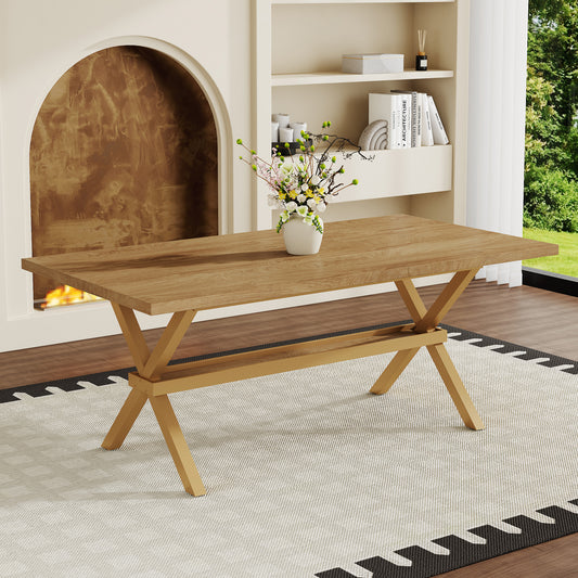 71   35.4 Inch Wood MDF Splicing Desktop, Light Wood MDF Splicing Desktop, Wood Sprayed Metal X-shaped Bracket Dining Table. The Modern Minimalist Restaurant Table Can Accommodate 6-8 People.