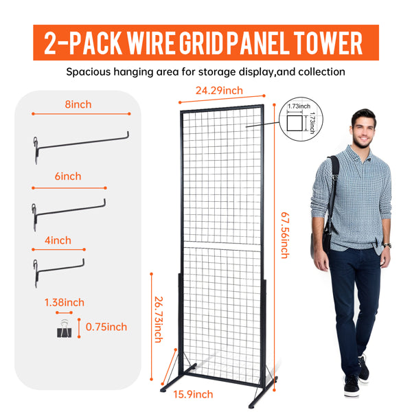 2-Pack 24"x67" Commercial Grid Wall Display With T-Base Stand - Double-Sided Wire Panel System For Retail Stores, Craft Fairs & Trade Shows (Includes Hooks & Clips)