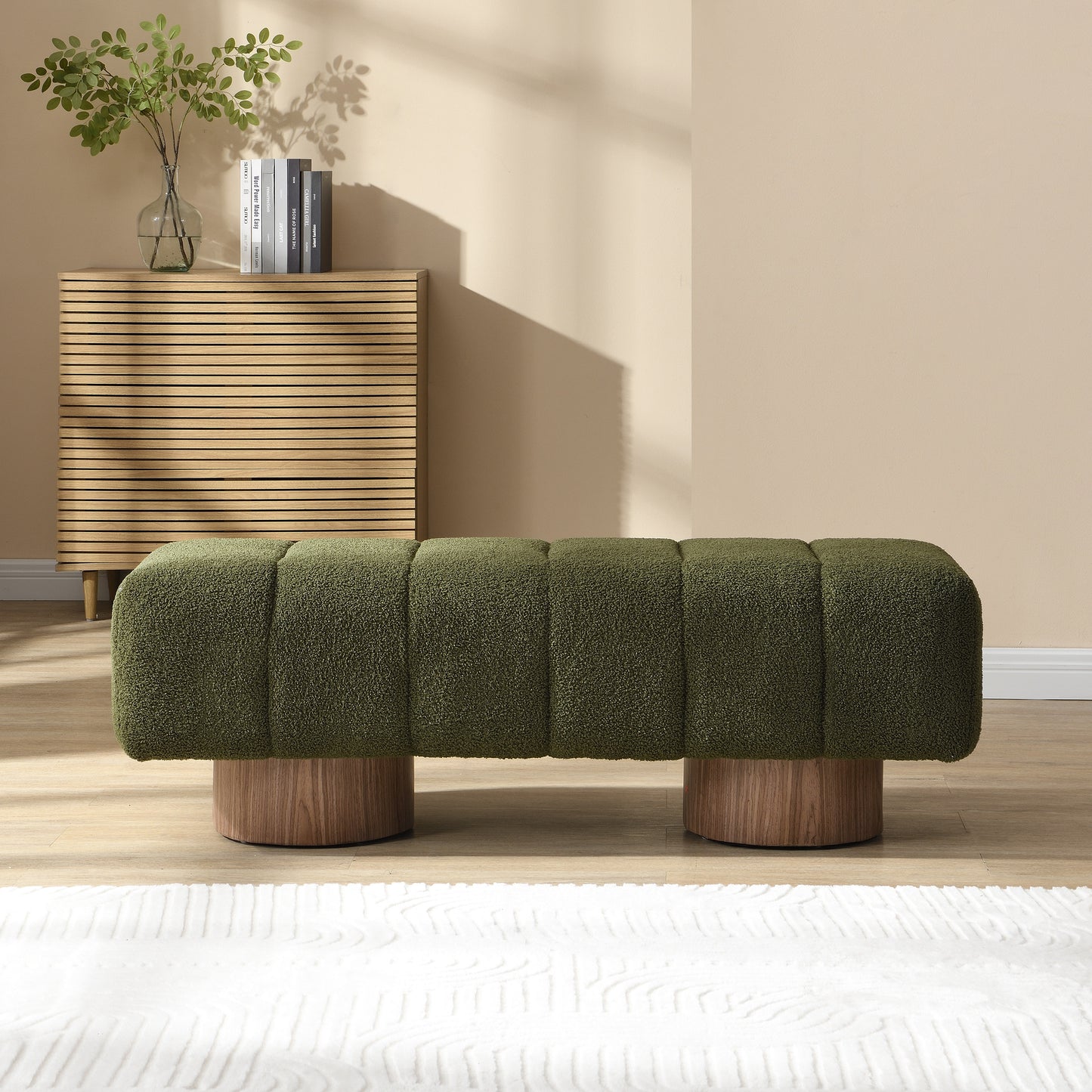 Upholstered Dining Bench For Dining Room, No-Assembly End Of Bed Entryway Bench Ottoman For Bedroom Living Room, Green Boucle Fabric, Leg 300 LBS Weight Capacity