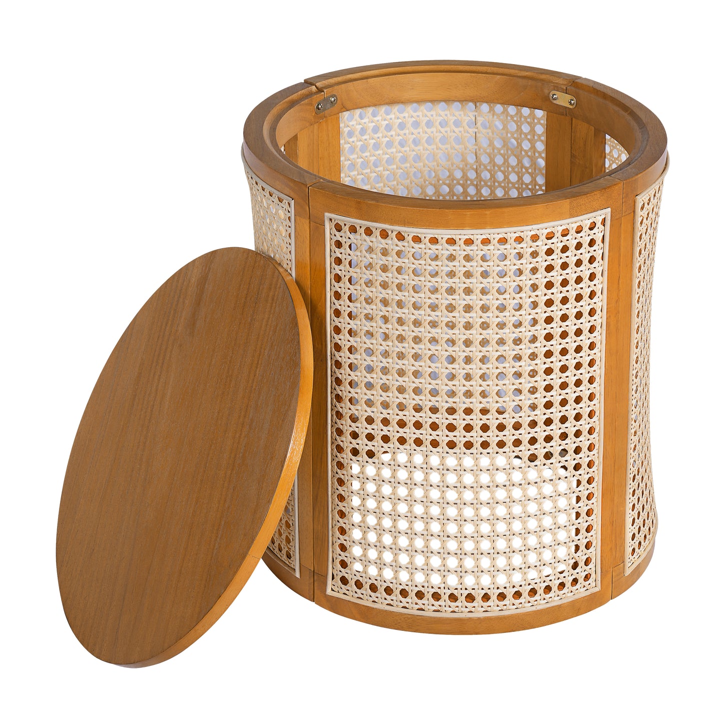 15.70  Round End Table, Hollow Woven Side Table, Small Rubber Wood Nightstand, Rattan Woven Tea Desk, Round Wood Tabletop, Chic Home Decor Desk, Easy Assembly, Ochre Color